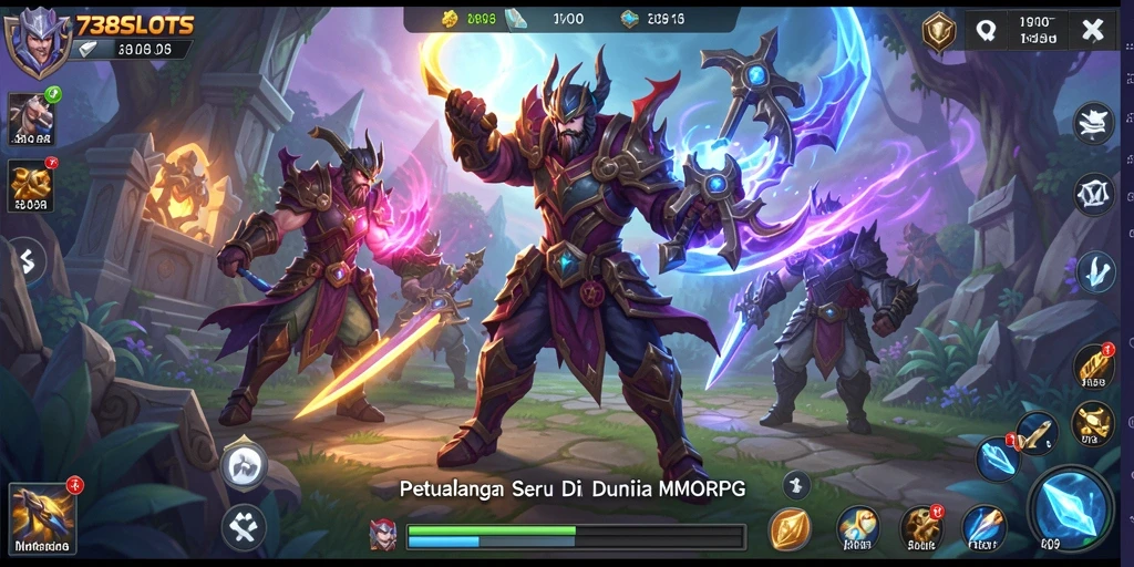 Screenshot utama 738SLOTS menampilkan aksi gameplay MMORPG yang mendebarkan.