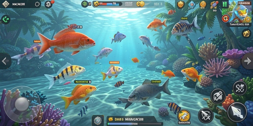 Tangkapan layar menunjukkan aksi menembak ikan yang seru di MACAN388.